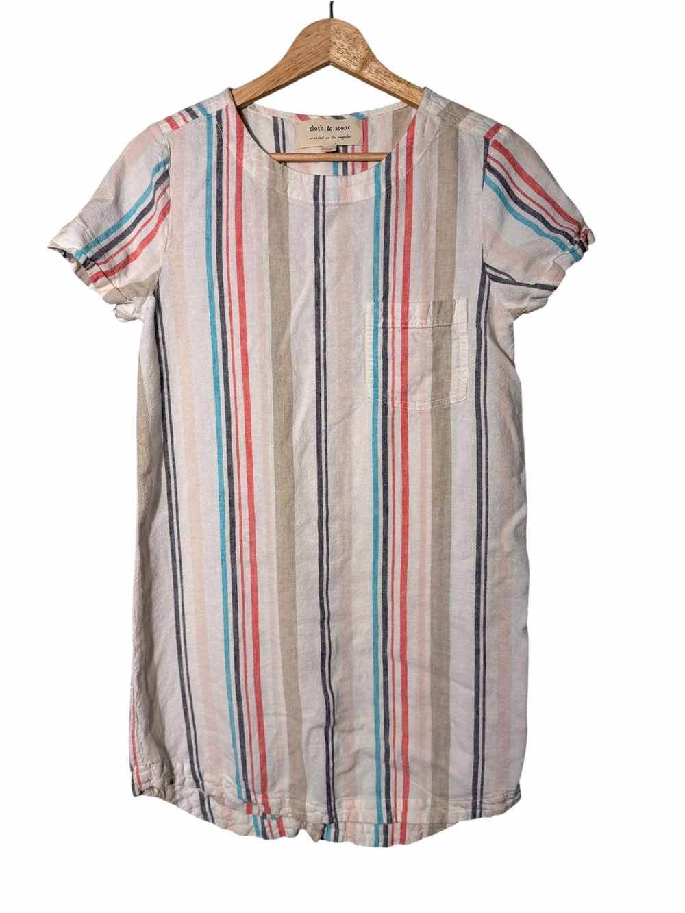 Cloth & Stone Cream Striped Shift Dress with Coral, Teal & Navy